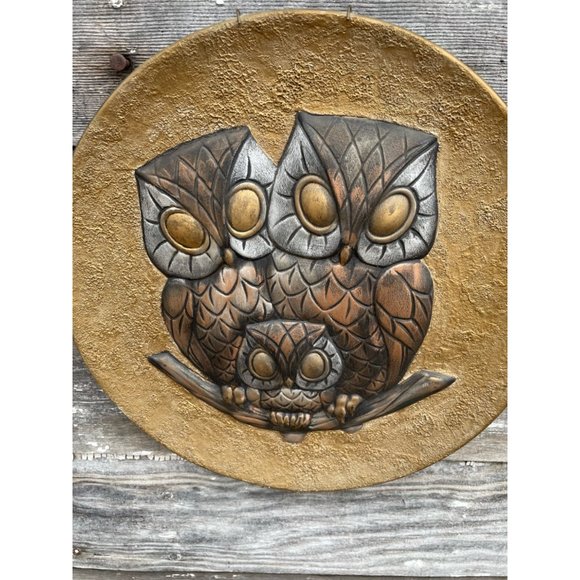 Vintage MCM Decor Hanging Plate/Plaque Owls Gold Brown - Picture 3 of 11